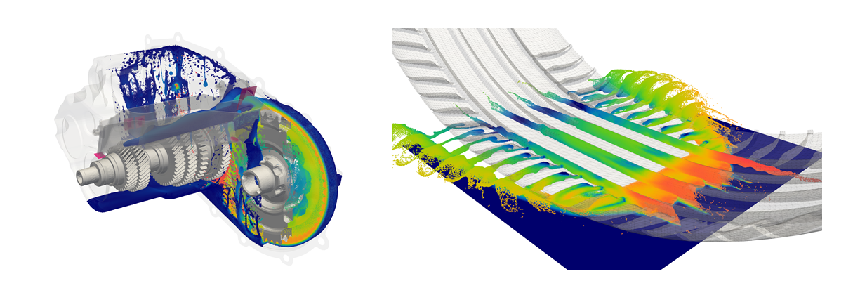 Screenshots of a 3D simulation of gearbox lubrication and tire on a wet road.