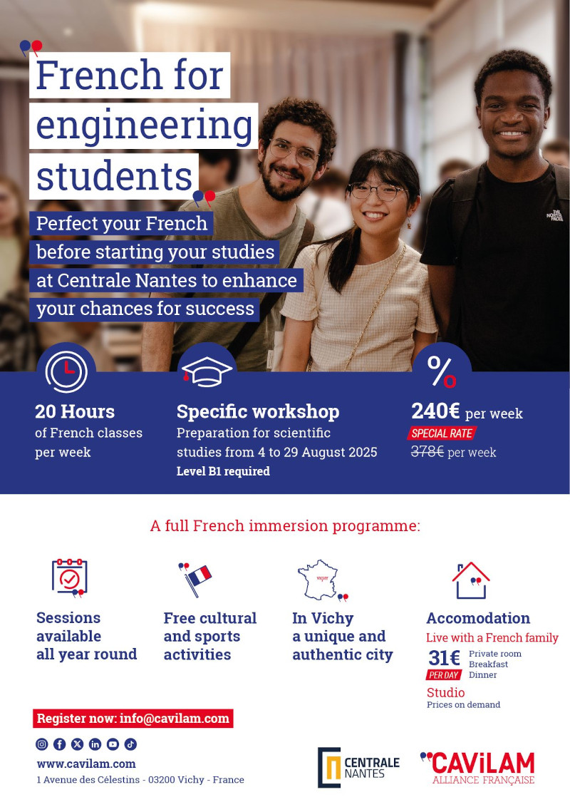 20 hours of French classes per week; specific workshop: accomodation : live with a French family 31€ per day