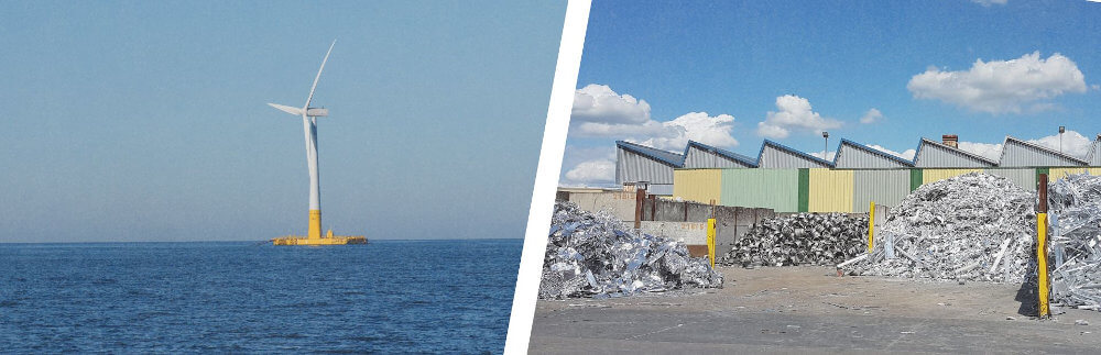 Montage photo. A gauche : photo de l'éolienne flottante Floatgen. A droite : photo d'un amoncellement d'alluminium