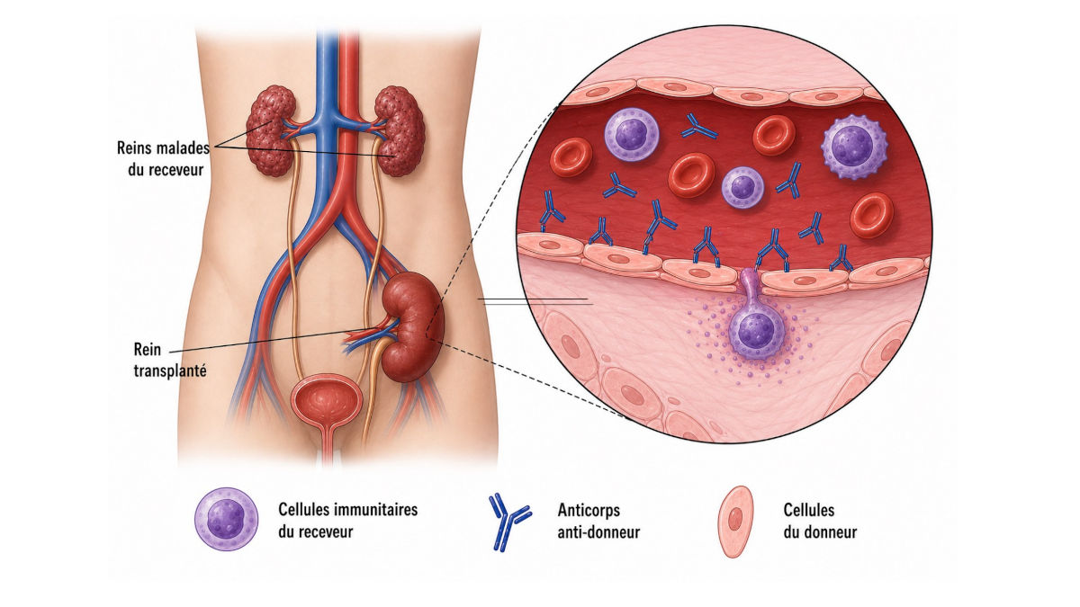Illustration showing, on the left, the recipient’s two diseased kidneys and the transplanted kidney. On the right, a close-up of the transplanted kidney: anti-donor antibodies produced by the donor’s cells attack the recipient’s immune cells
