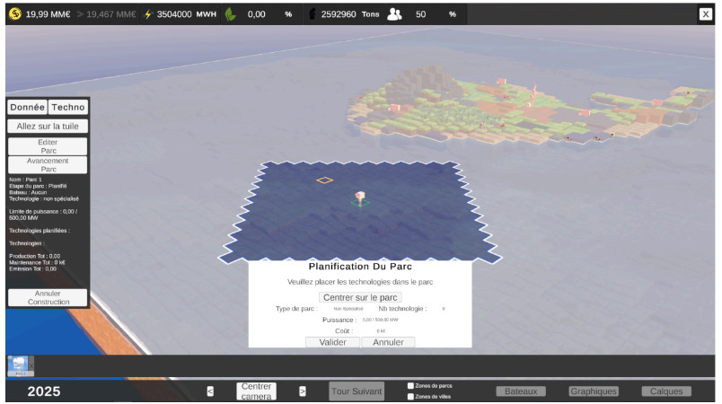 Capture d'écran de l'Ile décarbonnée : L'utilisateur peur planifier la création d'un parc EMR et le possitionner sur une carte. Il est possible de choisir le type de parc, sa puissance, d'estimer sa production et son coût.