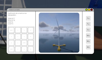 Screenshot of the Kimata simulator showing a simulation of an offshore wind turbine with various settings, such as the matrix coefficients